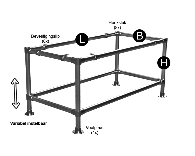Zwarte steigerbuis onderstel tafel met onder-etage uit buis Ø 33,7 mm